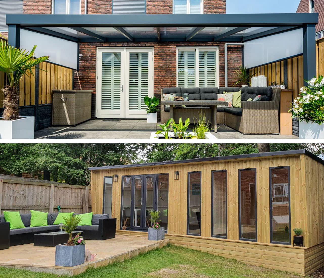 home-stacked Top image: A cosy patio with wicker furniture, plants, and a pergola against a brick house. Bottom image: A wooden garden room with glass doors and green seating.