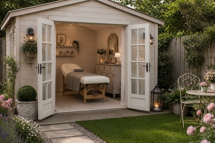 garden-shed-2026-03-24-12-41-17-utc (1) copy Cosy garden shed spa with open French doors, a massage table, soft lighting, rustic decor, and lush greenery. Calm, inviting, and serene atmosphere.
