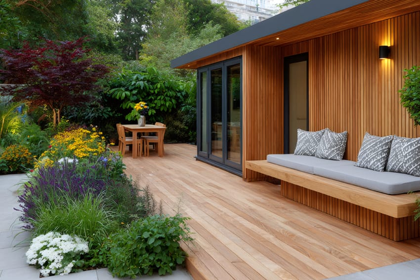 guests Modern garden room with a wooden deck featuring a built-in bench with grey cushions, surrounded by lush green plants and colourful flowers.