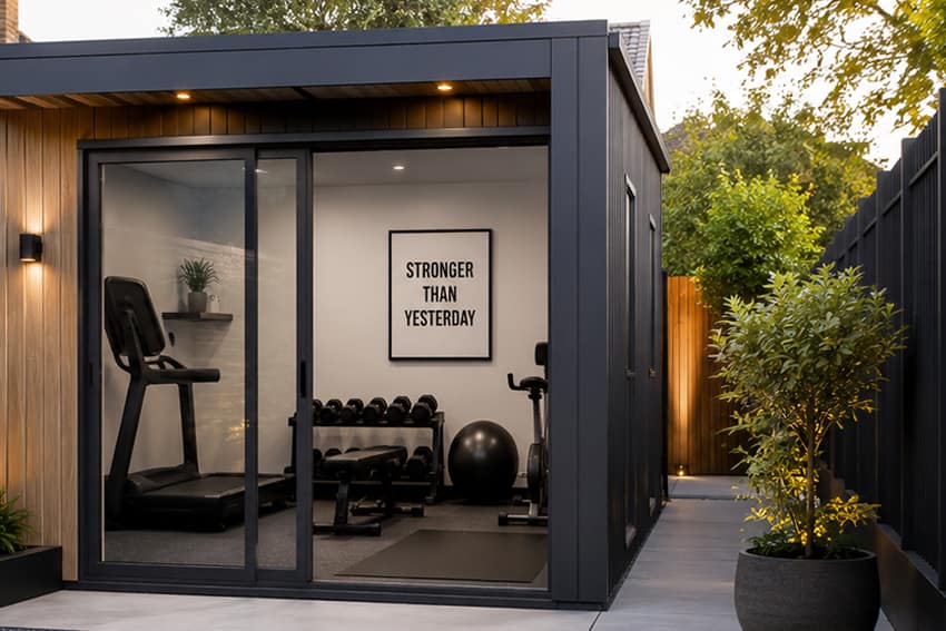 gym Modern home gym in a sleek outbuilding with glass doors, featuring a treadmill, weights, and bike. A "Stronger Than Yesterday" sign inspires motivation.